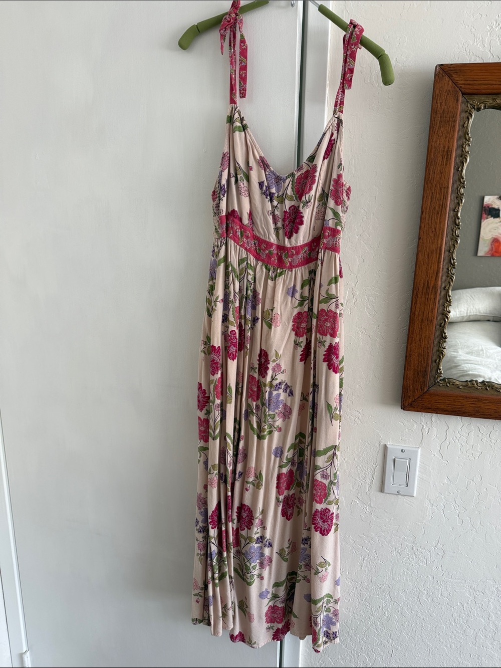Floral Tie-Shoulder Maxi Dress in Cream and Pink